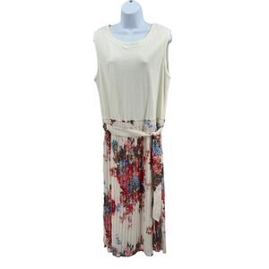 ForCynthia Dress Floral WMNS 1X Midi White Pleated Tie Waist Sleeveless Bohemian